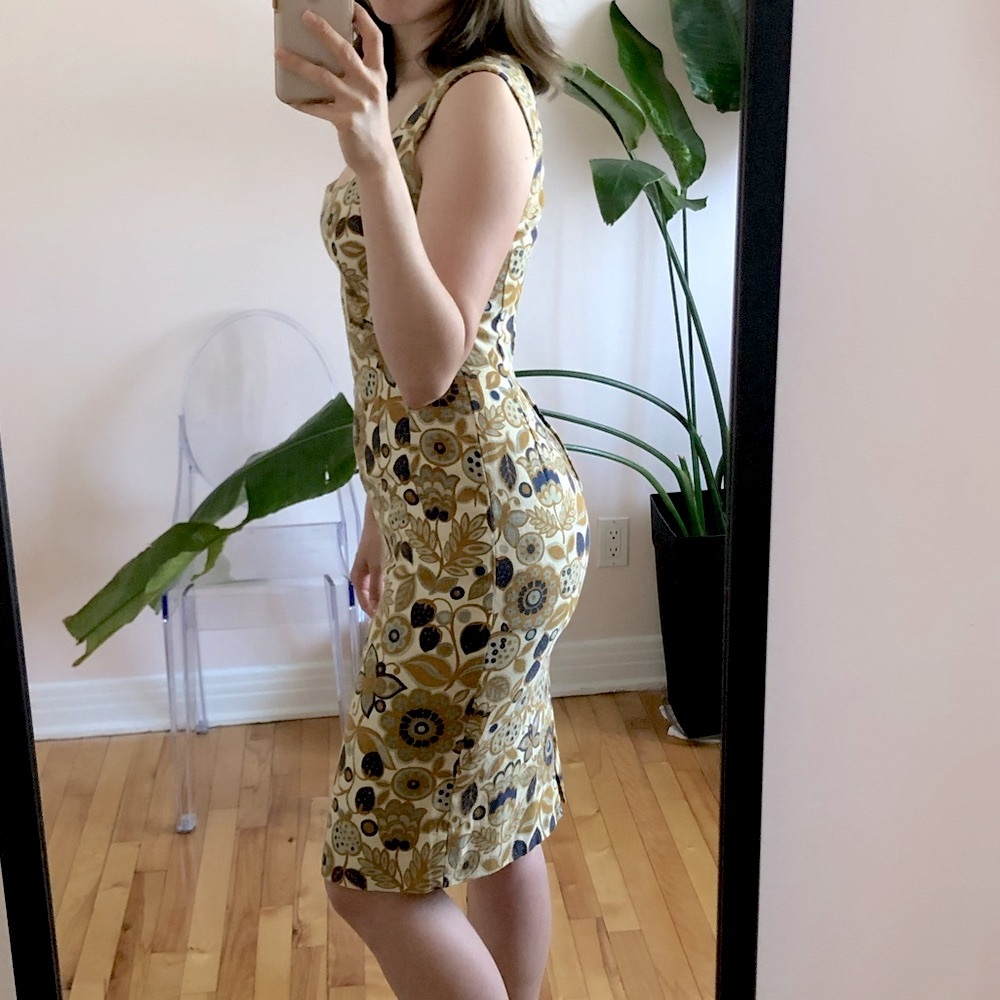 Vintage Mustard Sheath Midi Dress Sleeveless Scoop Neck